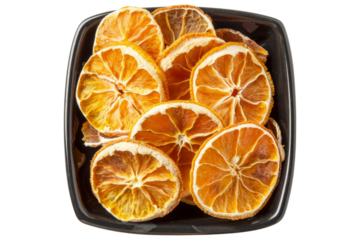 Dried freeze Orange fruit in black bowl isolated on background, flat lay view shrinks fruit that remove water, healthy citrus product.