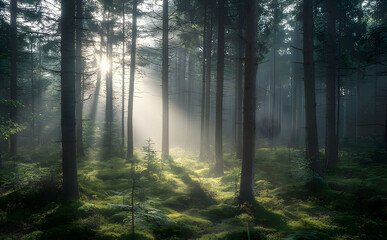 Obraz premium misty morning in the forest. Generative AI