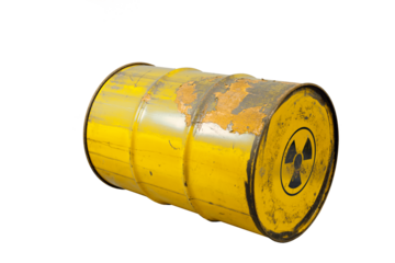 Barrel with radioactive waste. Nuclear warning sign. Rusty dangerous barrel with radionuclide, hazardous toxins on isolated background