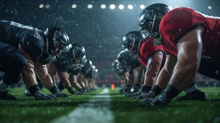High intensity American football game action with players in red and black uniforms tackling blocking and running on the field under the bright stadium lights