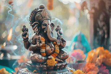 Beautiful greeting card with bright holiday composition for happy celebrate Ganesh Chaturthi