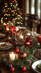 Festive Christmas table setting with candles, garland, and ornaments.