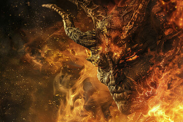 Scary sinister devil is in hell with bright fire lighting on the background