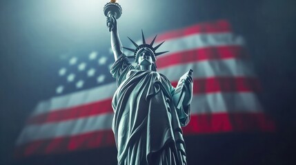 Fototapeta premium copy space, stockphoto, Statue of Liberty, american flag in the background, 4th july independence day. American symbol of freedom. 4th of july mockup.