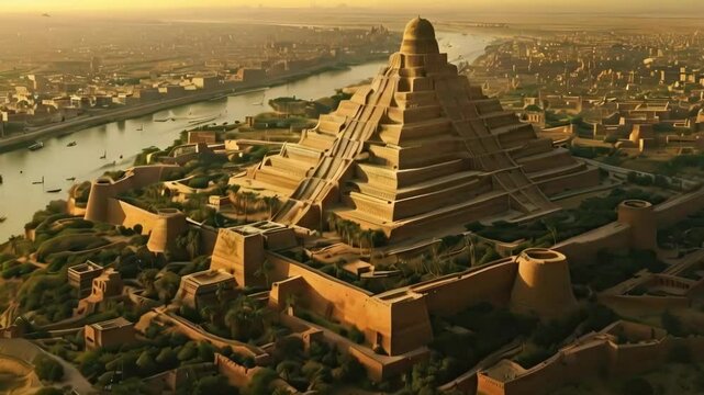 Ancient kingdom civilization empire city, ziggurat Tower of Babel and the ancient wonder the Hanging Gardens, , Tigris and Euphrates rivers