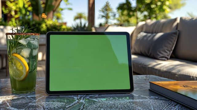 Tablet with a green screen on an outdoor table, ready for customization or content display.