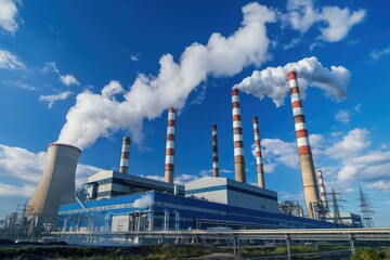 Obraz premium Coal fired power station emitting smoke from its chimneys, releasing pollution into the atmosphere on a sunny day