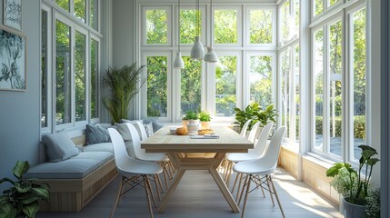 Obraz premium A Scandinavian style breakfast nook with a light wood table, white chairs, and plenty of natural light from surrounding windows