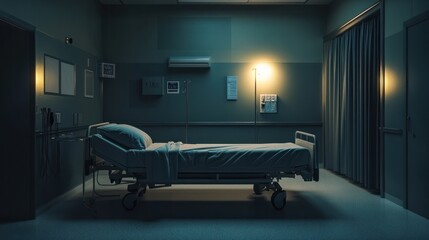 Empty hospital bed in dimly lit room reflecting solitude and recovery