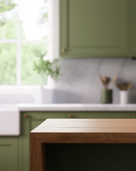 A stylish kitchen counter with green cabinets flooded with natural light and elegance