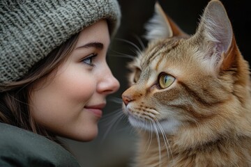 A young woman wearing a beanie stares directly into the eyes of a tabby cat.