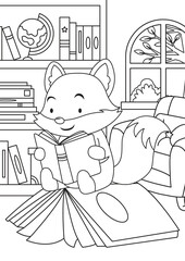 coloring page of a cute fox reading a book in the living room