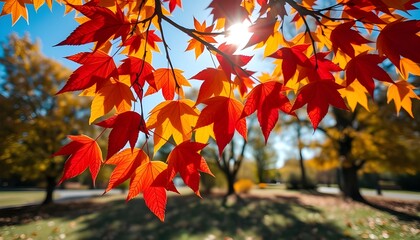  A vibrant, close-up scene of colorful autumn leaves gently swaying in the breeze, attached to branches of a tree in an autumnal park, generative ai