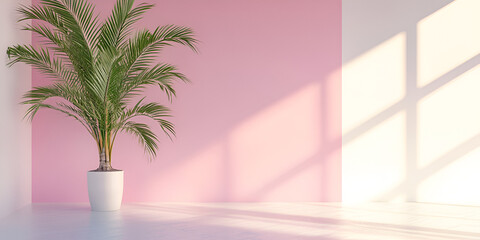  Palm Tree in Pot Against Pink Wall