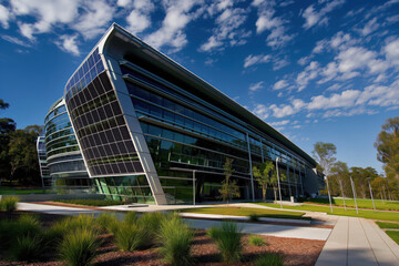 Modern office building is using solar panels on its facade to generate renewable energy