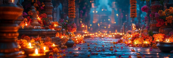 Naklejka premium Temple pathway adorned with marigold flowers and oil lamps glowing during a religious celebration at dusk.