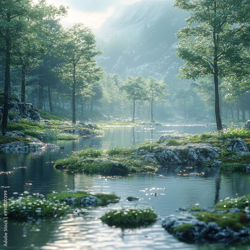 Poster A serene forest lake reflecting the morning light. The lake is surrounded by green trees and rocks, with a soft mist in the air.