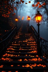 A serene staircase illuminated by vintage lamps, surrounded by autumn leaves and misty woods, creating an enchanting atmosphere.