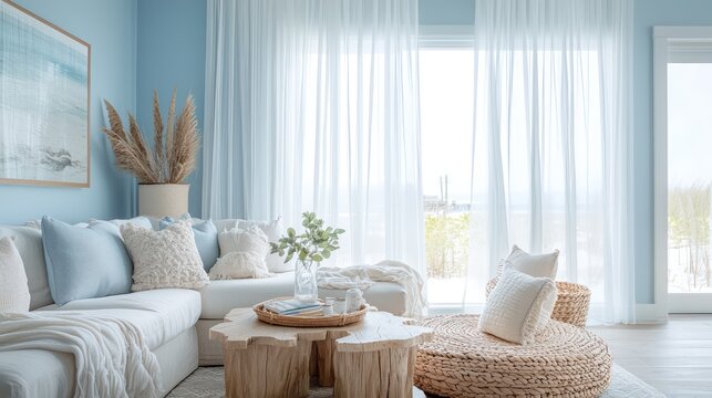 A serene coastal living room with soft blue walls, sheer white drapes, and sandy-toned decor creating a beachy vibe