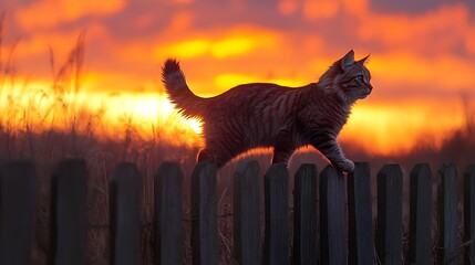 Elegant Cat Silhouette Strolling on Wooden Fence Against Vibrant Sunset Sky