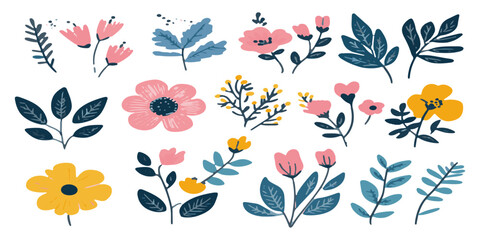 Obraz premium set of simple vector illustrations of wild flowers and leaves, on a white background