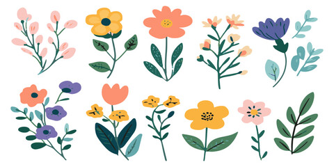 set of simple vector illustrations of wild flowers and leaves, on a white background