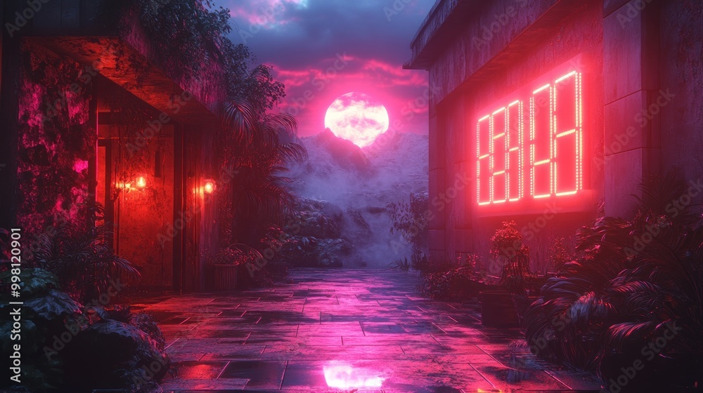 Wall mural A neon sign with a futuristic font and a red hue illuminates a nighttime pathway through a tropical jungle setting, with a large pink moon in the background.