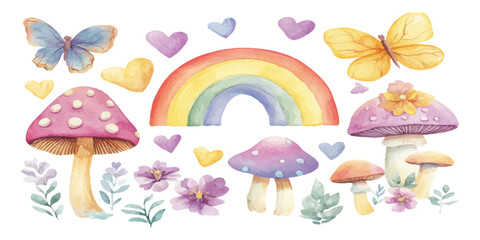 Watercolor cute cartoon rainbow, mushrooms, and flowers clip art set on a white background