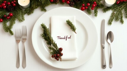 Elegant dining setup with a plate, napkin, and festive decorations conveying a sense of gratitude and holiday spirit.