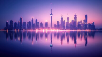Obraz premium Twilight Cityscape: Silhouetted Buildings and Water Reflections in Soft Purple Tones | Aerial View with DJI Mavic Air 2