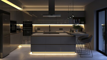 A sleek, contemporary kitchen with integrated appliances, a central island, and mood lighting