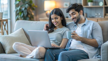 Young India couple resting on sofa with laptop, woman drinking coffee, spouses resting in living room, browsing internet together