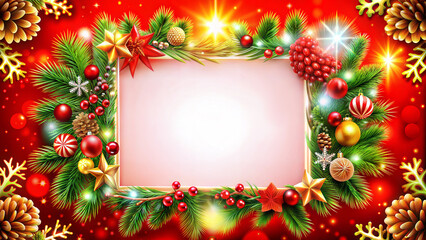 Festive New Year frame with Christmas decor. Top view, copy space