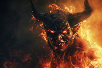 Scary sinister devil is in hell with bright fire lighting on the background