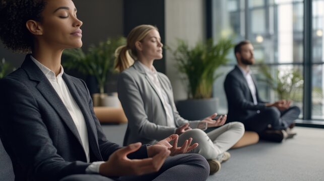Mindfulness at Work - Employees participating in a meditation session in a corporate wellness program - AI Generated