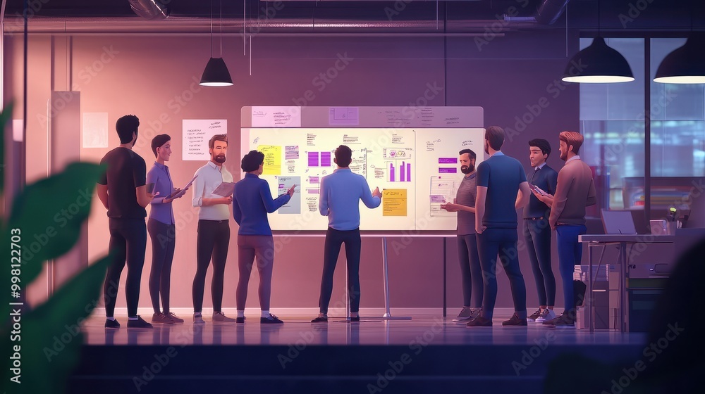 Poster of an agile team engaged in a scrum stand up meeting discussing project progress and tasks using a s