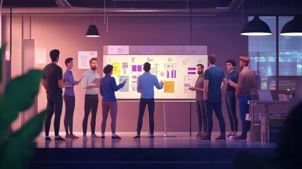 of an agile team engaged in a scrum stand up meeting discussing project progress and tasks using a scrum board in a modern office workspace environment with and technology elements