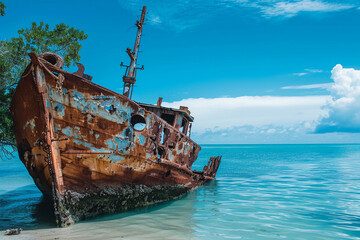 Underwater view of an old sunken ship on seabed with fish swimming