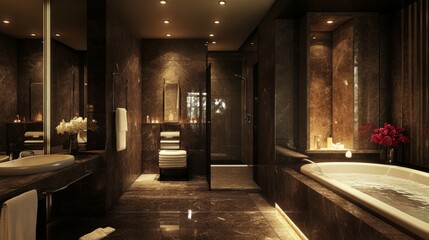 Opulent bathroom with rich textures, deep soaking tub, and floor-to-ceiling mirrors, designed for a luxurious escape.