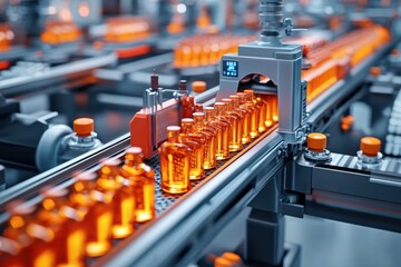 industrial conveyor design, eye-catching banner design with conveyor belt bottles conveys efficiency production theme