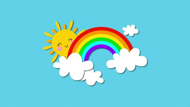 rainbow and sun and clouds on blue sky, kids cute and happy daytime animation,baby shower and lullaby and nursery rhyme motion design element