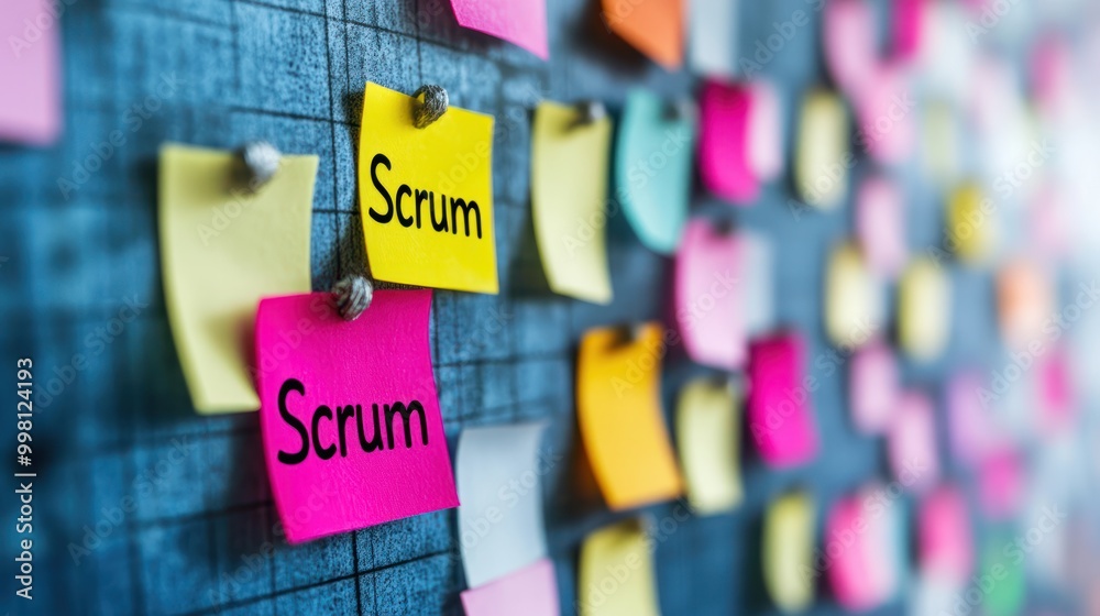 Poster scrum agile business board with a sticky note with the word 