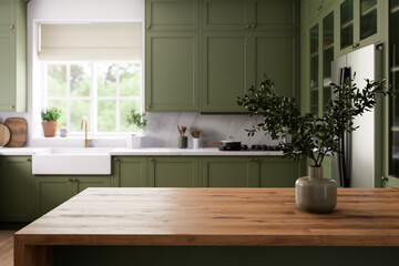 Modern green kitchen with beautiful natural elements and decor