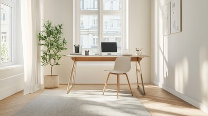 Simple, minimalist home office with a desk facing the wall, nearby windows, and soft natural light enhancing the serene environment.