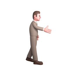 3D Male Lawyer Character. A male lawyer is walking to the left with his right hand extended, as if he wants to shake hands or greet someone. Legal Professional