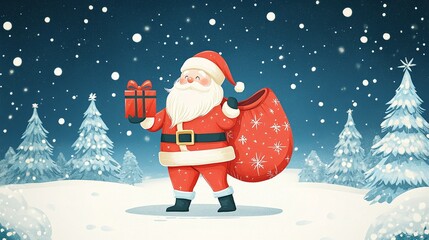 a christmas card with a santa bag and a bag of presents.