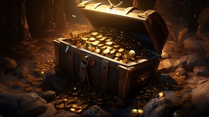 An ancient treasure chest overflowing with gold coins in a dimly lit cavern