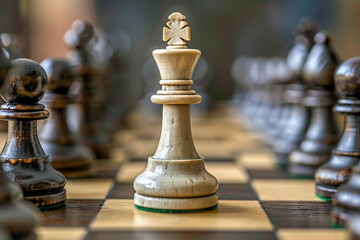 Fototapeta premium Beautiful chess piece standing on checkered game board during strategic game of chess