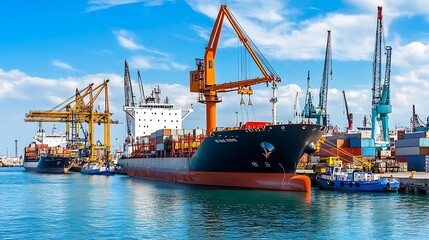 Fototapeta premium A busy industrial port with autonomous vehicles and efficient cargo management 