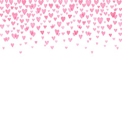 Watercolor hearts frame. Transparent confetti hearts are chaotically arranged. Handwork with a brush on paper.